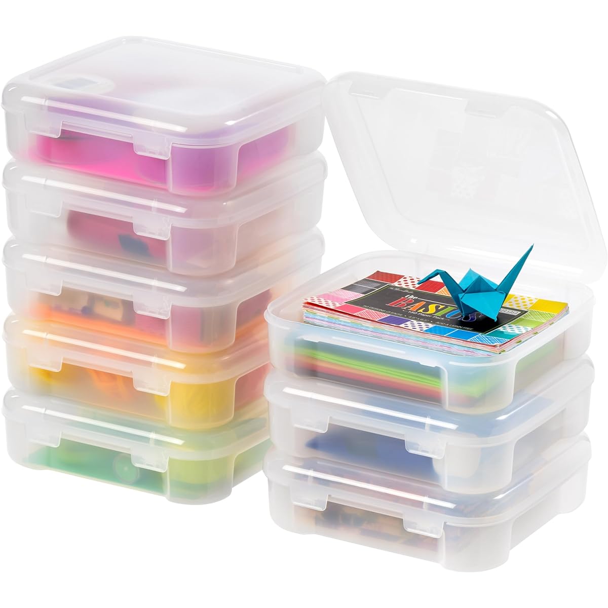 IRIS USA Fits 6" x 6" Photos 8 Pack Scrapbook Paper Storage Case Cheer Bow Boxes for Organizing Art and Craft Supplies Stationery, Small Items, Washi Tape, Nail Polish, Rounded Corners, Clear.