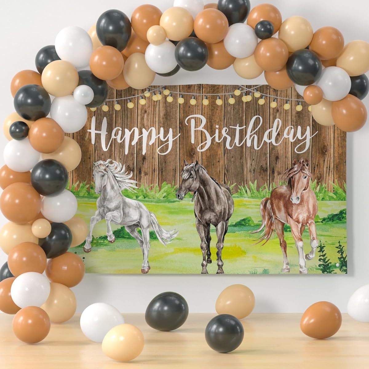 HYOWCHI Horse Themed Party Supplies Balloon Arch Kit & Backdrop (Brown Boy)