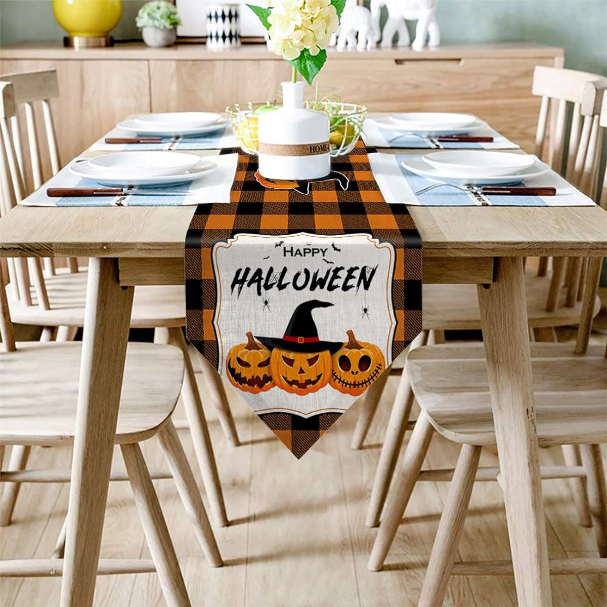 Pumpkin Witch Hat Halloween Table Runner Cotton Linen Blend Yellow Check Table Top Cover Table Runner for Indoor/Outdoor/Party/Holiday/Wedding/Dining Table 13 x 70 Inch