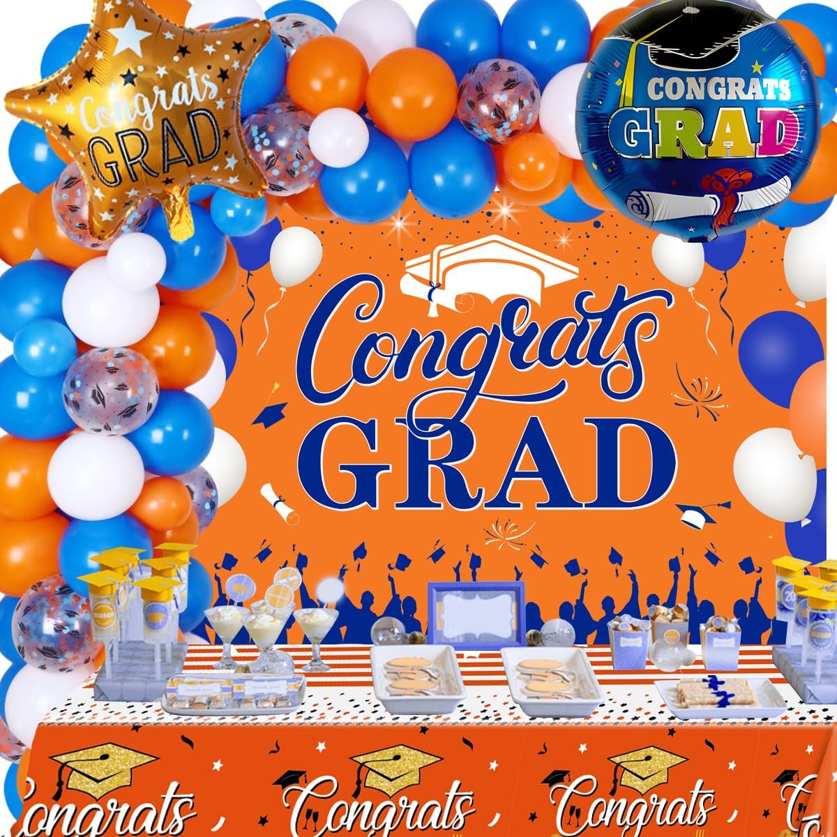 Graduation Decorations Orange and Blue 2023 - Blue Orange White Balloon Garland Graduation Celebration Tablecloth Backdrop Blue Orange Star Foil Balloons for 2023 High School College Graduation Party