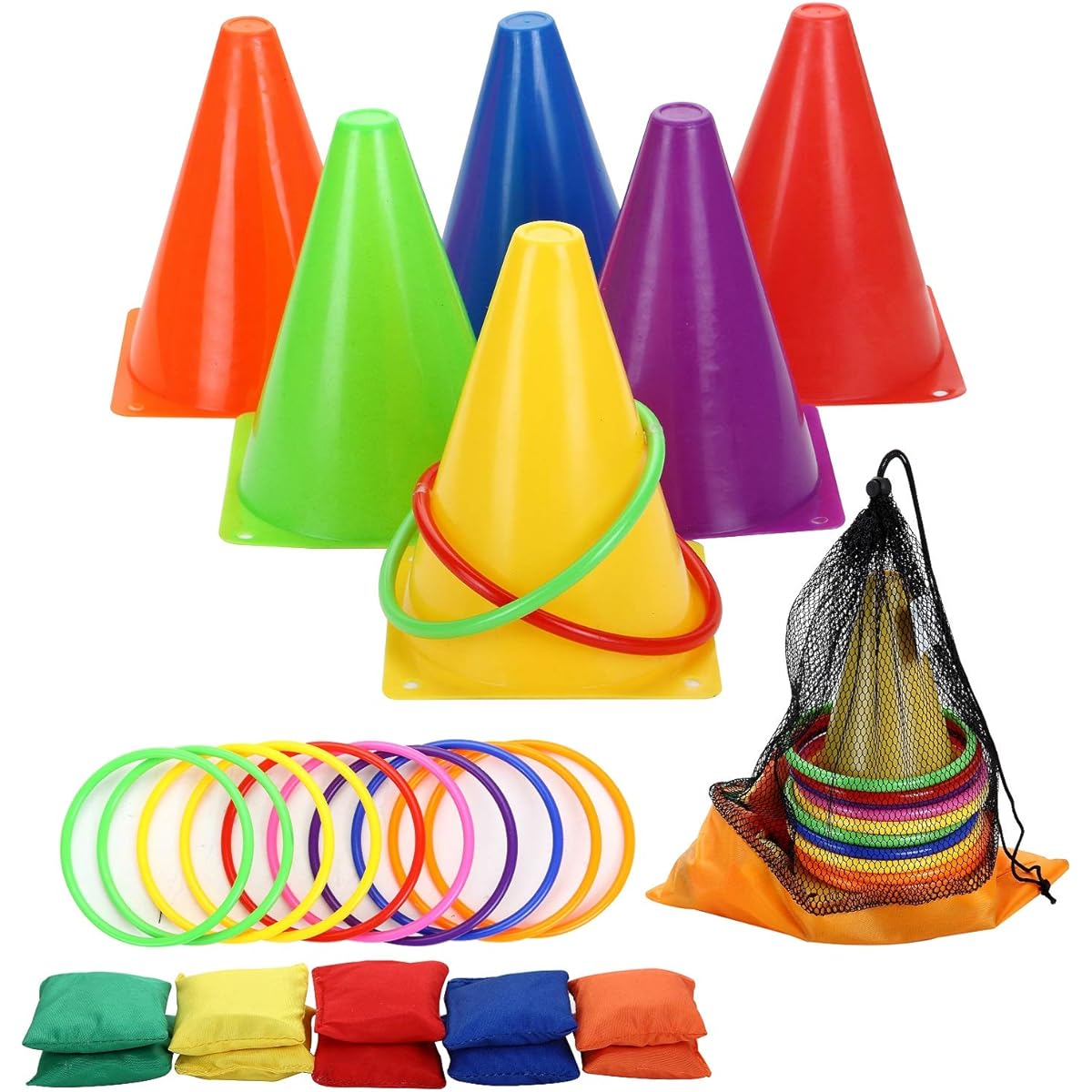 WIn SPORTS 3-in-1 Carnival Outdoor Combo Game Set Soft Plastic Cones Cornhole Bean Bags Ring Toss Game Kids Birthday Party Outdoor Game Supplies 26 Piece Set
