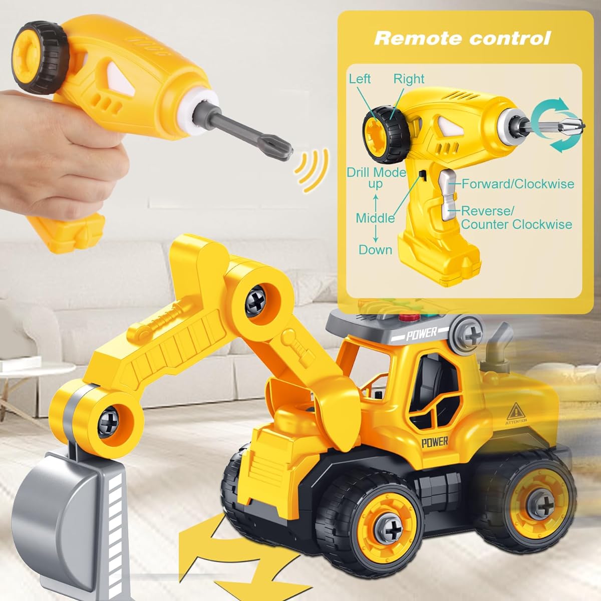Jiakora Construction Truck Take Apart Toy for Kids - 4-in-1 Take Apart Truck for Toddlers Boys Age 3 4 5 6 7 8 STEM Construction Vehicles Building Toy with Power Drill Remote Control