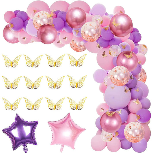 126pcs Butterfly Pink and Purple Balloons Garland Kit Butterfly Theme Balloon Arch Gold Butterfly Star Foil Balloons for Girls Women Birthday Baby Bridal Shower Wedding Party Decorations