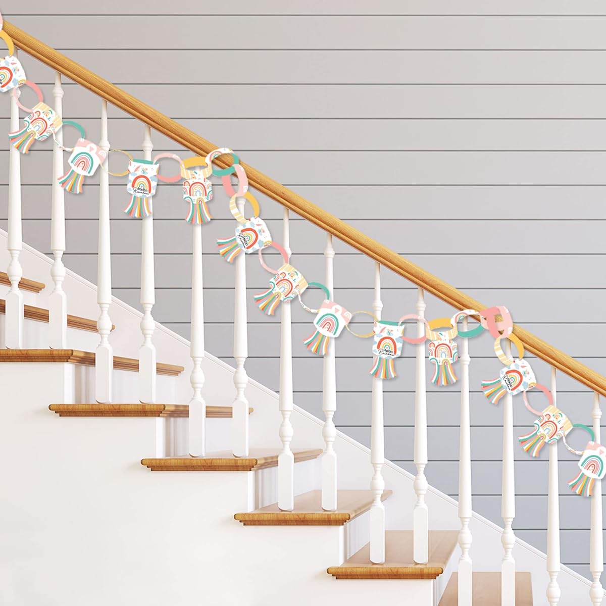 Big Dot of Happiness Hello Rainbow - 90 Chain Links and 30 Paper Tassels Decoration Kit - Boho Baby Shower Birthday Party Paper Chain Garland - 21 Feet