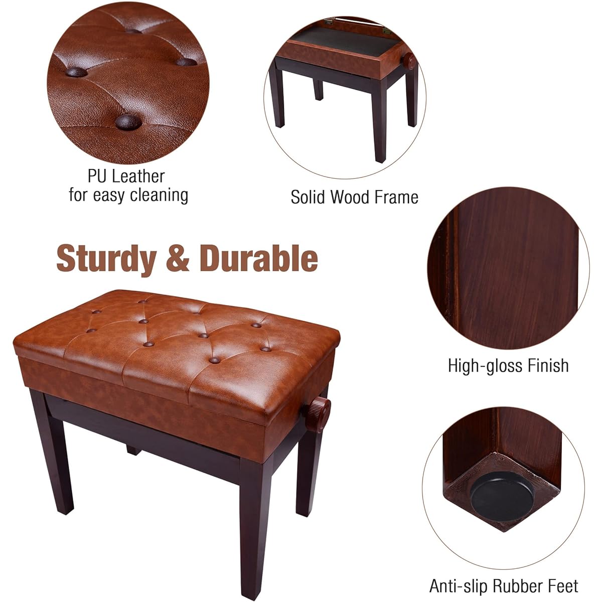 Piano Bench Height Adjustable Leather Padded Keyboard Organ Seat Throne Storage