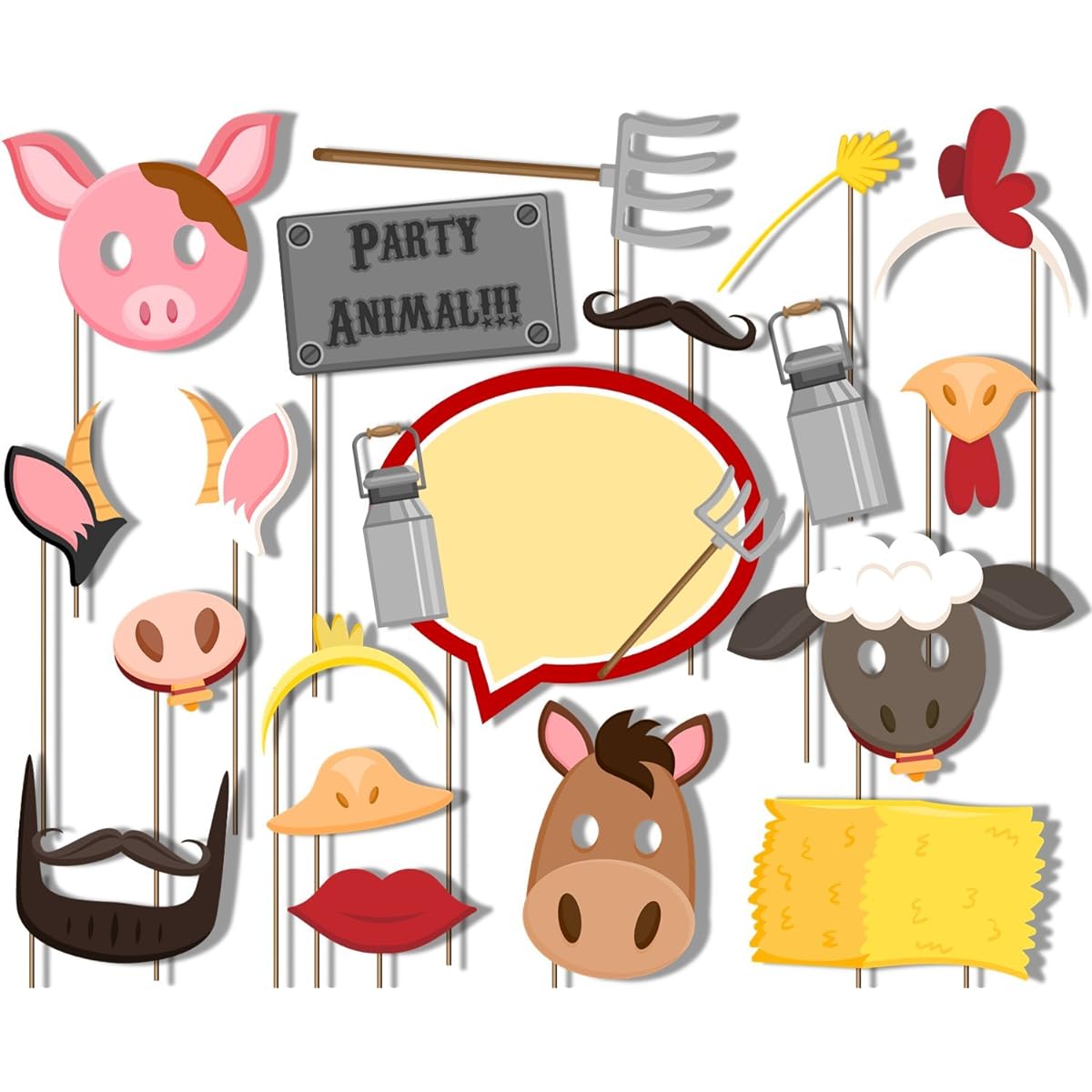 Farm Animals Barnyard Photo Booth Props Kit - Pack of 20 Party Camera Props Fully Assembled