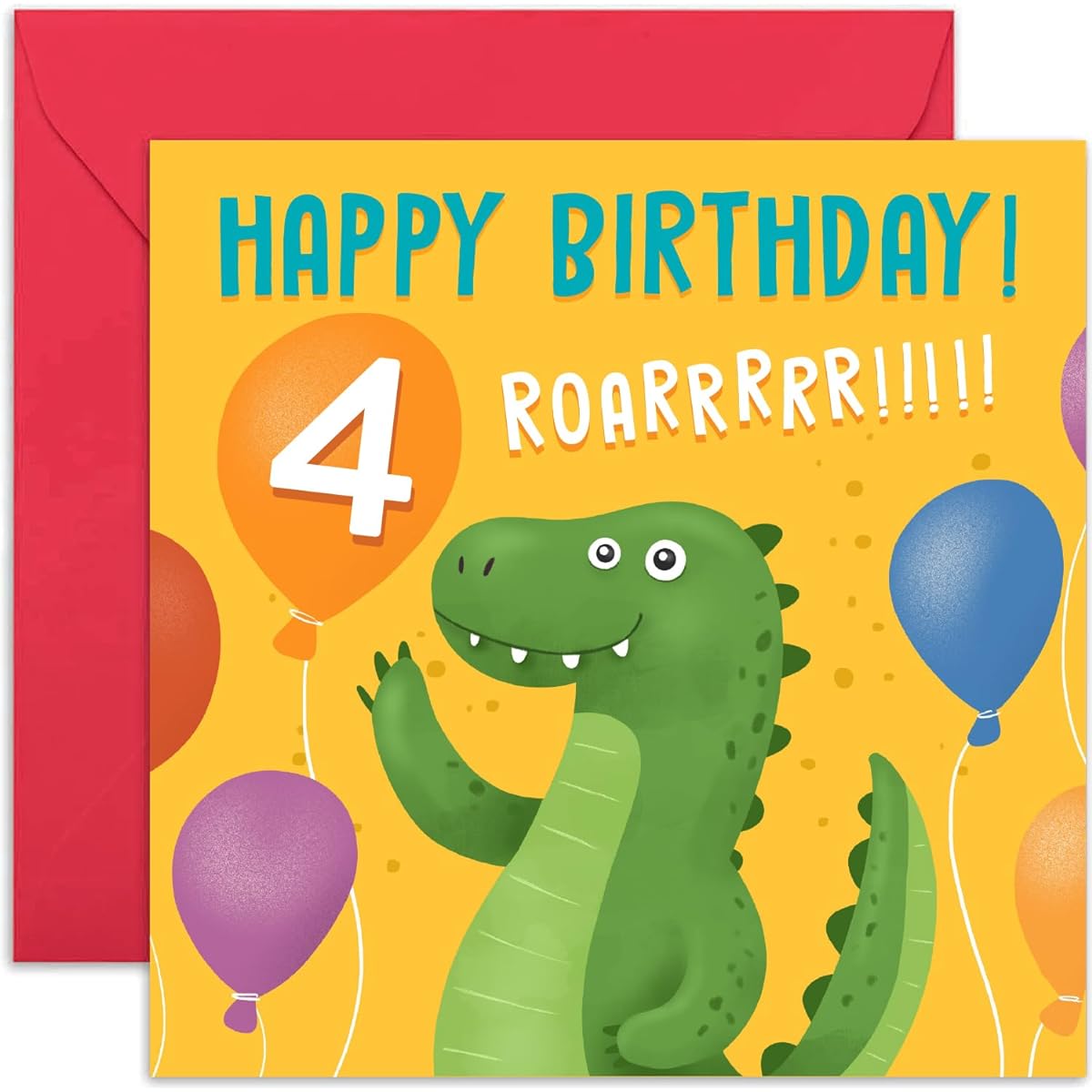 Dinosaur Birthday Card for Boy or Girl - Birthday Card for 4 Year Old Kids - T-Rex 4th Birthday Card - 4 Year Old - Birthday Card for Son/Daughter/Niece/Nephew/Grandson | Blank Inside Envelope Included