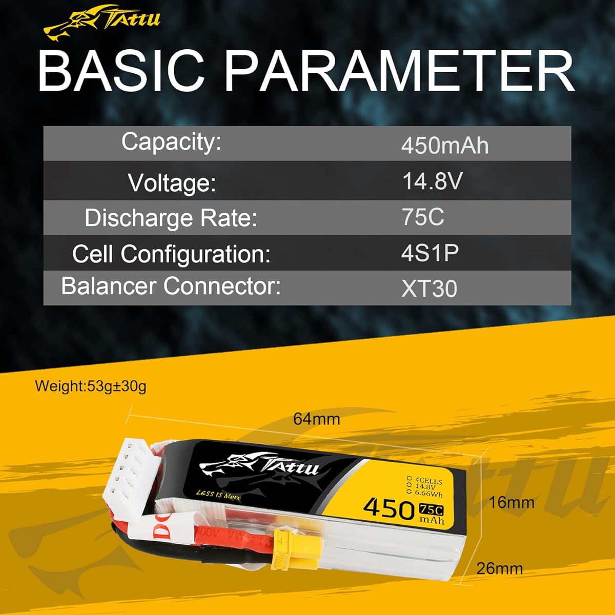 Tattoo/Tattu ④ TA-75C-450-4S1P-L-XT30 Lipo Battery 450mAh 14.8V 75C 4S1P XT30 Long Size Lithium Polymer Battery Pack for H Frame with Plug