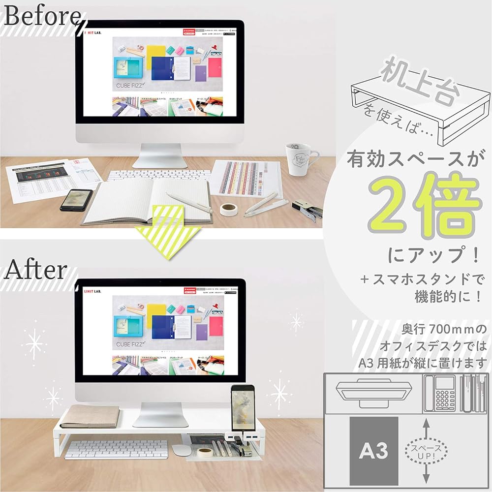 Lihitlab Computer Stand Monitor Stand USB Desktop Stand White Width 59 x Depth 25.4 x Height 8cm Includes USB3.0 Hub Load Capacity 15kg A7334-0