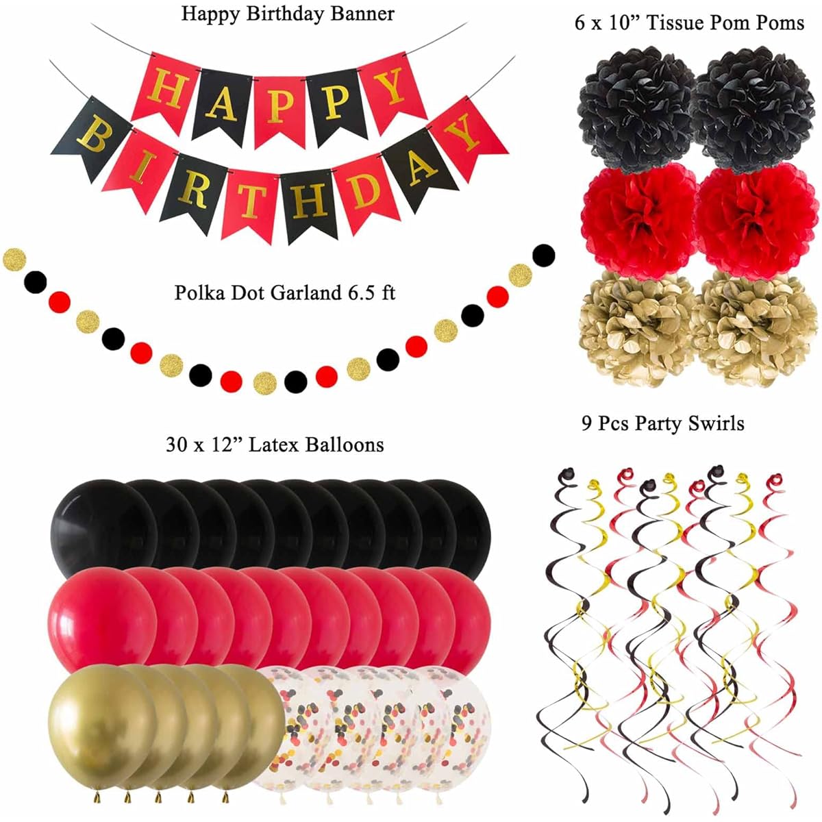 ANSOMO Black and Gold Happy Birthday Party Decorations Banner Swirl Balloons for Men Women Boys Girls