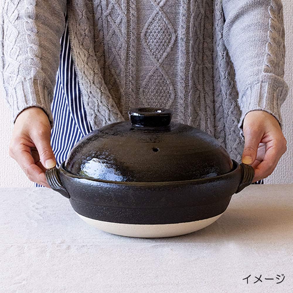 Saji Pottery Banko Ware Three-in-One Healthy Earthen Pot (Inner Lid and Drainboard Included) Tenmoku Made in Japan 32-258 Black 2000ml