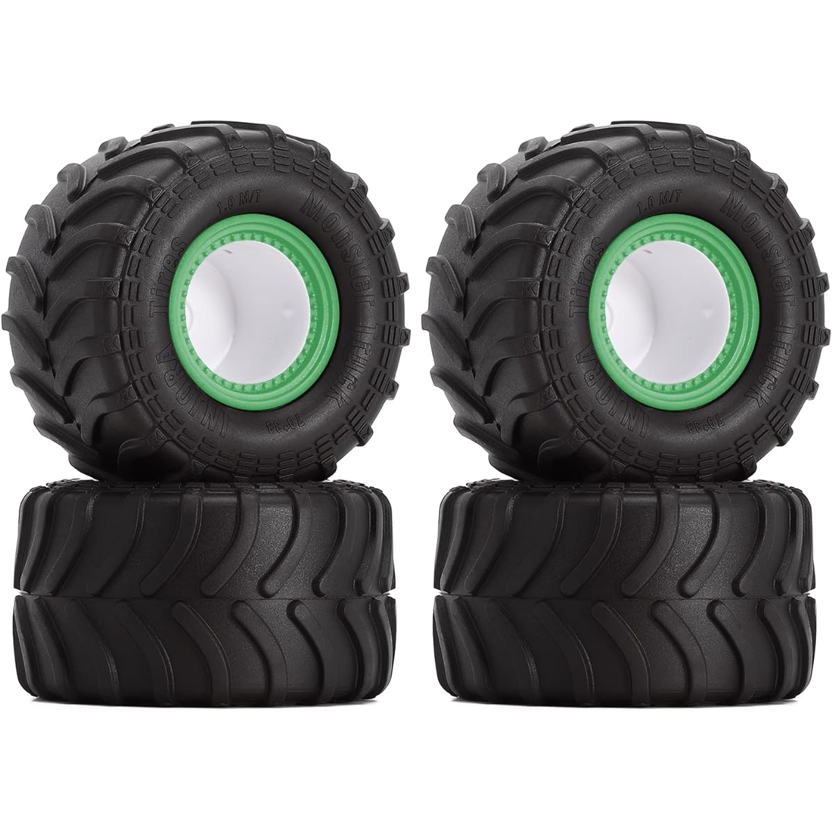INJORA RC Monster Truck Wheel Rim Tire Set 70*38mm Tires for 1/24 RC Crawler Car Axial SCX24 Bronco Gladiator C10 JLU Deadbolt B17 FMS FCX24 MT1012 (Green)