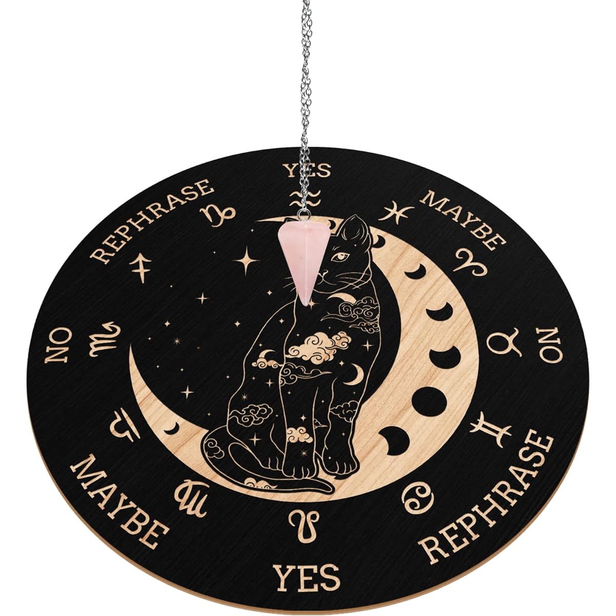 INFUNLY Wooden Pendulum Board 7.9 Inch Cat Moon Witch Dowsing Divination Planchette Board Metaphysical Message Board Healing Crystal Necklace Witchcraft Wicca Altar Supplies Kit