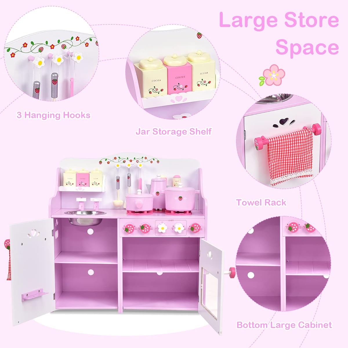Costzon Kids Kitchen Playset, Wooden Pink Strawberry Theme Pretend Play Set with 13 Utensils, Realistic Sounds, Pots, Pans, Sink, Oven, Kitchen Set, Gifts for Toddlers, Girls