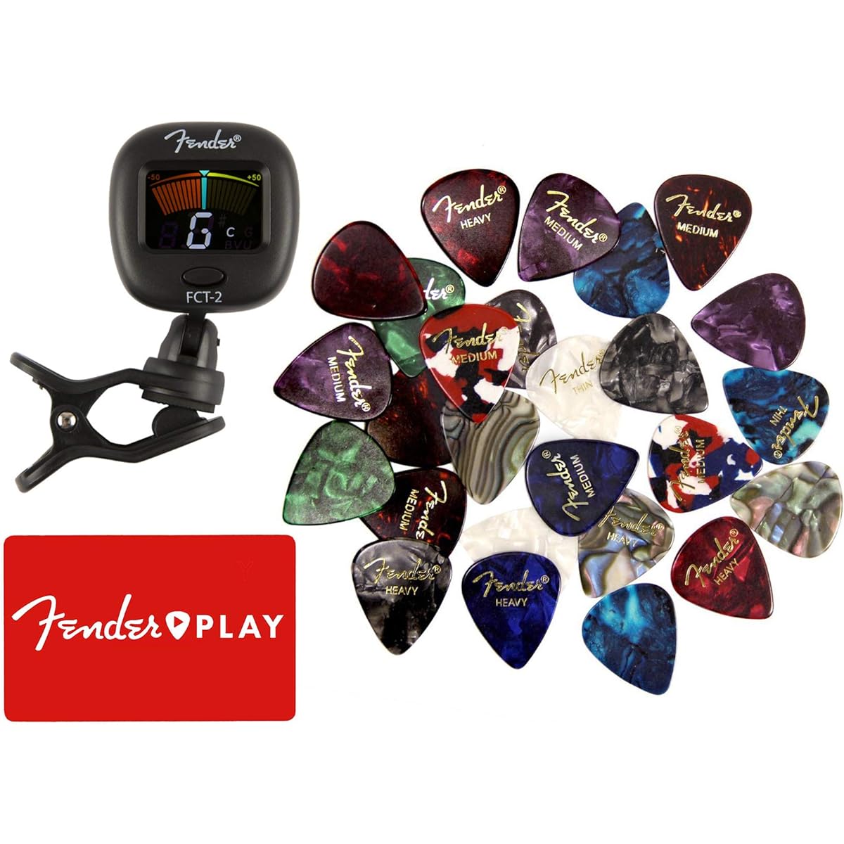 Fender FCT-2 Clip-on Tuner Bundle with Fender Pick Sampler and Fender Online Lesson