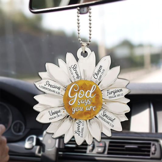 Talataca White Daisy Christianity Religious Jesus God Say You are Strong Chosen Car Rearview Mirror Accessories Christmas Tree Ornament Decoration Hanging Charm Interior Back Pendant Decoration Gift