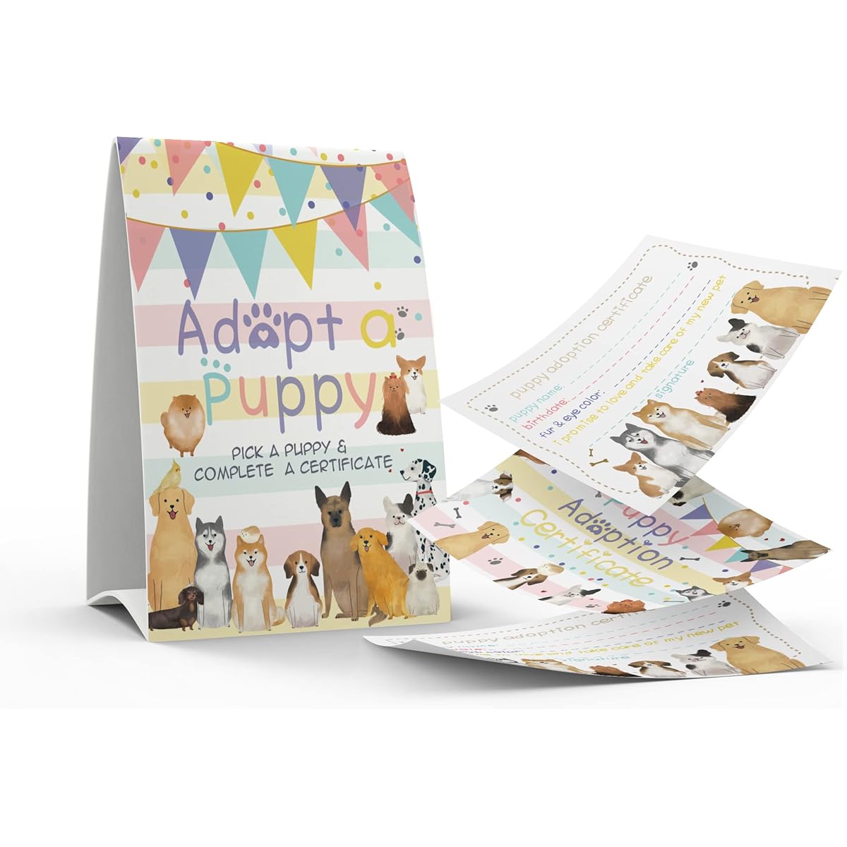 Adopt a Puppy Sign & 10 Puppy Adoption Authentication Set for Party Adoption, Kids Birthday Party, Classroom Party 004B