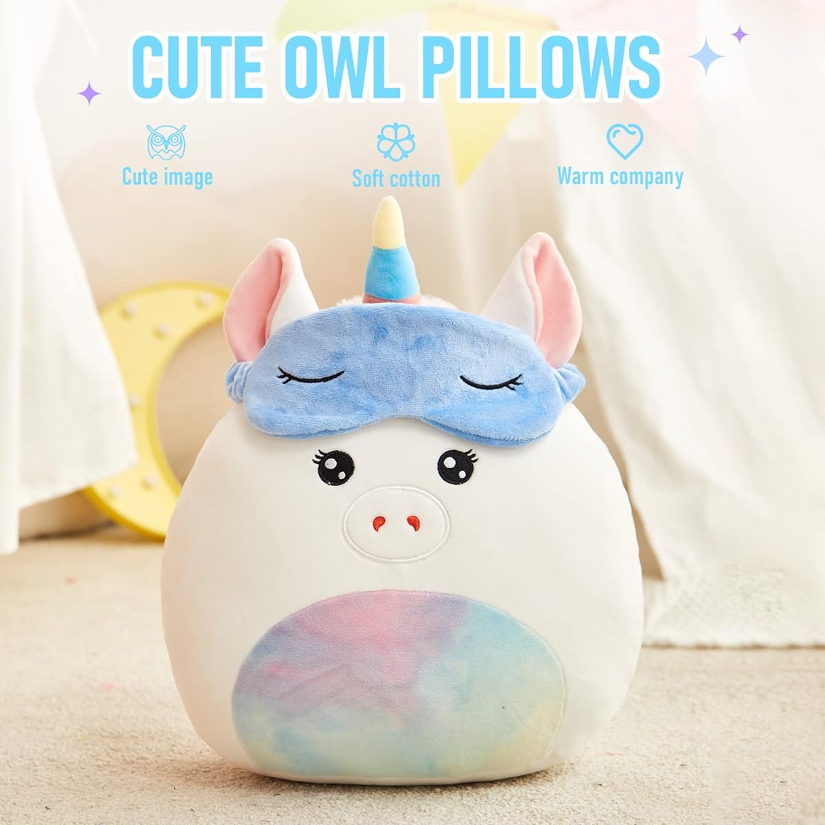 BSTAOFY Cute Unicorn Soft Plush Pillow Collection with Removable Eye Mask, Squishy Unicorn Stuffed Animal Cushion Stretchy Nap Pillow Christmas Holiday Birthday Gift for Toddlers Kids 12 Inch