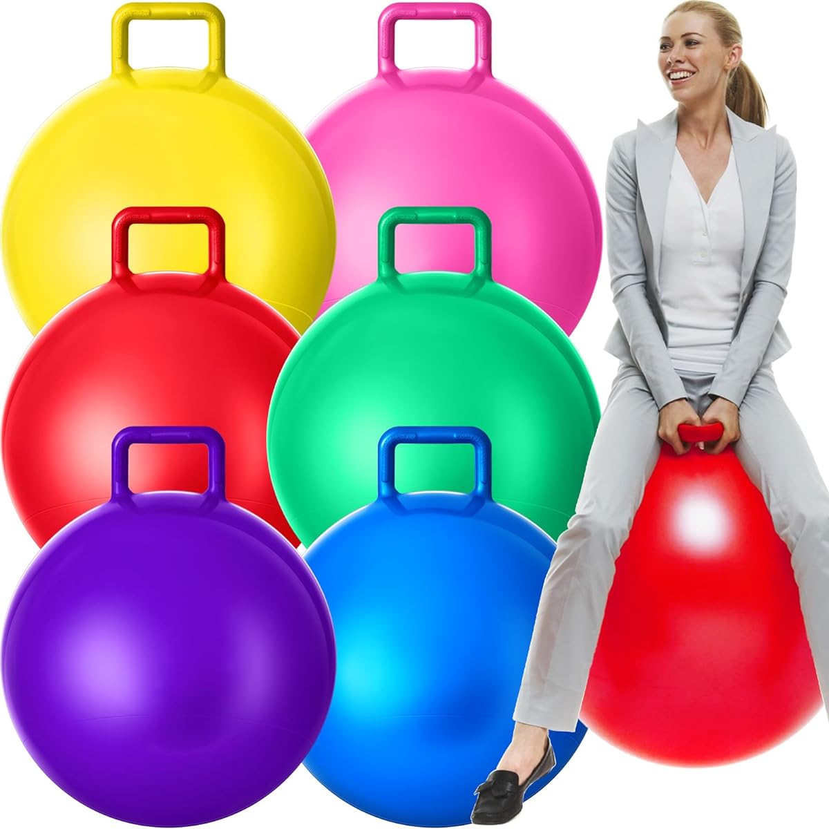 Lewtemi Hopper Ball Jumping Hopping Ball Bouncing Ball with Handle and Air Pump for Outdoor/Sports/School/Games/Exercise 6 Pieces (29 Inch)