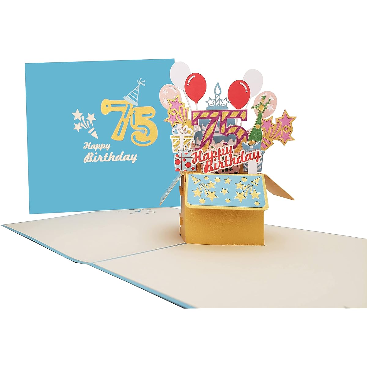 iGifts And Cards Happy 75th Blue Birthday Party Box 3D Pop Up Greeting Cards - 75 Years Old Awesome Balloon Unique Celebration Feliz Camprearini Fun Mom Dad