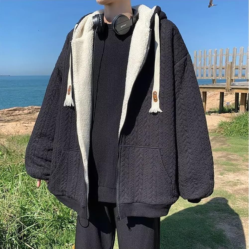 [Anzn] Men's Parka, Brushed Lining, Spring, Autumn, Winter Parka, Long Sleeve, Hooded, Cool, Zip-up Coat, Cardigan, Men's, Stylish, Casual, Coat, Jersey