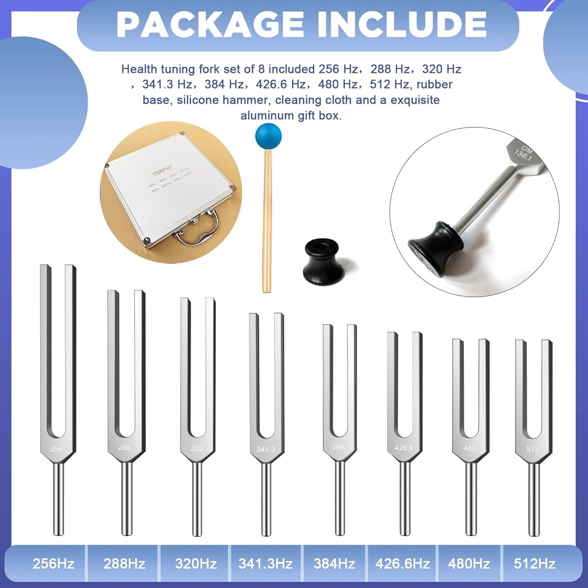 TENFLY Tuning Fork Set of 8 (256Hz, 288Hz, 320Hz, 341.3Hz, 384Hz, 426.6Hz, 480Hz, 512Hz) Tuning Fork Ideal for healing, chakra, and sound therapy Perfectly harmonizes body, mind, and spirit