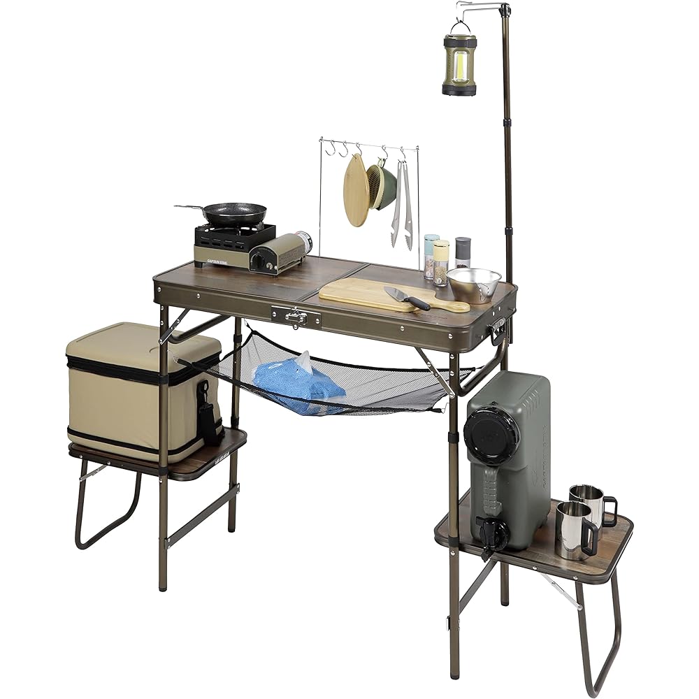 CAPTAIN STAG Outdoor Table Table [Hanging Side Table] [Width 65 x Depth 45cm / Hanger Rack Included / 4 Hooks Included / Height Adjustable in 2 Levels / Made of Aluminum] [Perfect Kitchen Table] [Tool Hanger Included / With lantern hanger / 3 height adju