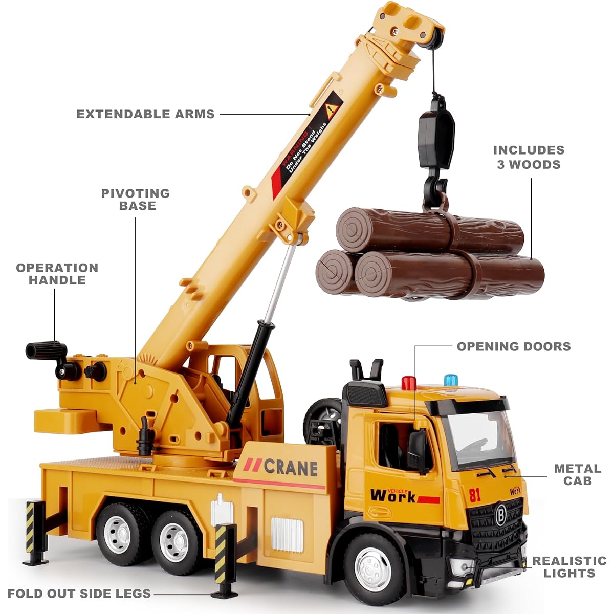 Dwi Dowellin Crane Truck Toy for 3-5 Year Olds Kids with Metal Cab, Kids Toy Car with Lights and Sounds, Toy Truck Gift for Ages 2, 3, 4, 5