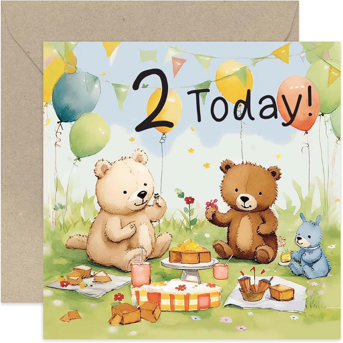 2nd Birthday Card for Boy or Girl - Cute Illustrated Bear Picnic 2nd Birthday Card - Boy Birthday Card - Girl Birthday Card - Cute 2nd Birthday Card | Envelope is blank inside.