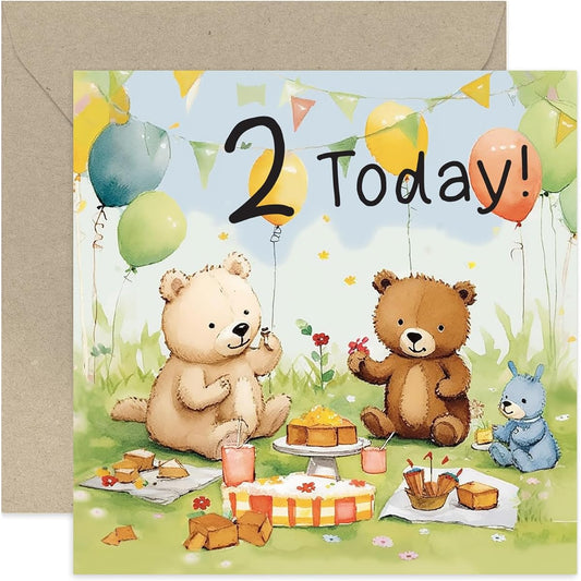 2nd Birthday Card for Boy or Girl - Cute Illustrated Bear Picnic 2nd Birthday Card - Boy Birthday Card - Girl Birthday Card - Cute 2nd Birthday Card | Envelope is blank inside.