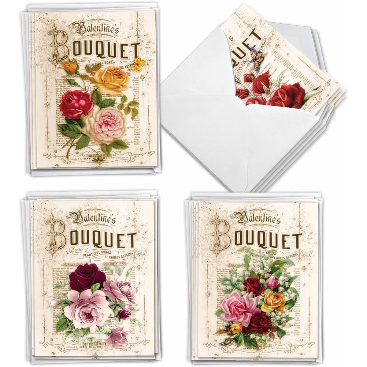 The Best Card Company Valentine's Day Note Card Box Set of 20 4 x 5.12 Inches with Envelopes (5 of each of 4 Designs) Lovely Bouquet AM10429VDG-B5x4