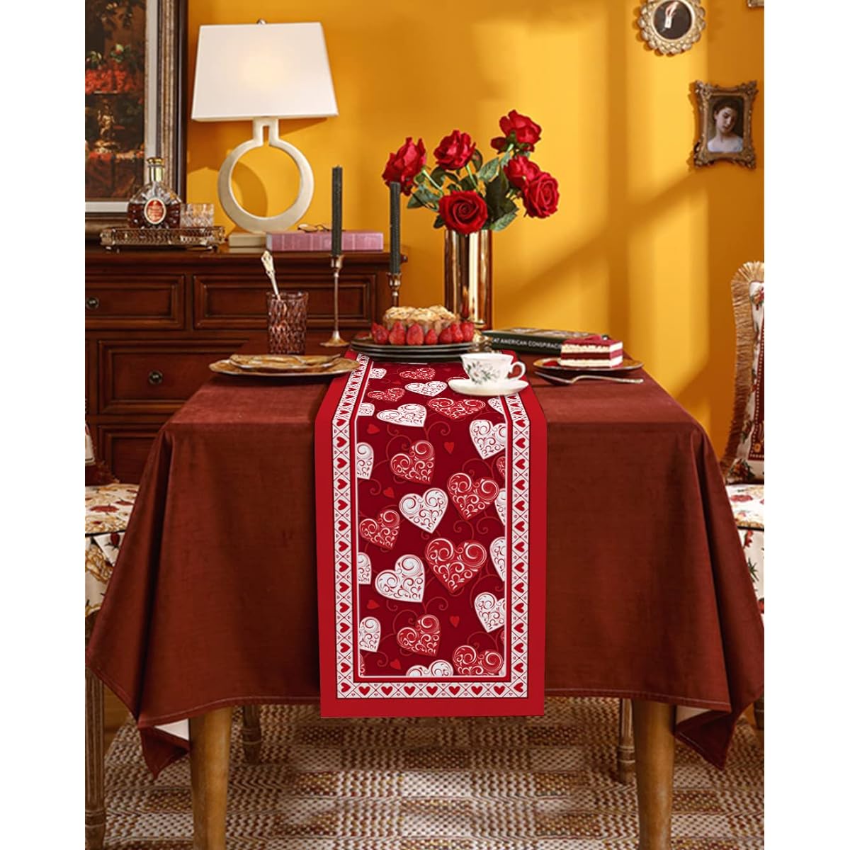 Valentine's Day Table Runner 90 Inch Length Cotton Linen Kitchen Dinner Table Runner Red White Valentine Love Heart Burlap Table Runner for Table/Dresser/Dining/Party/Wedding/Spring Holiday Runner