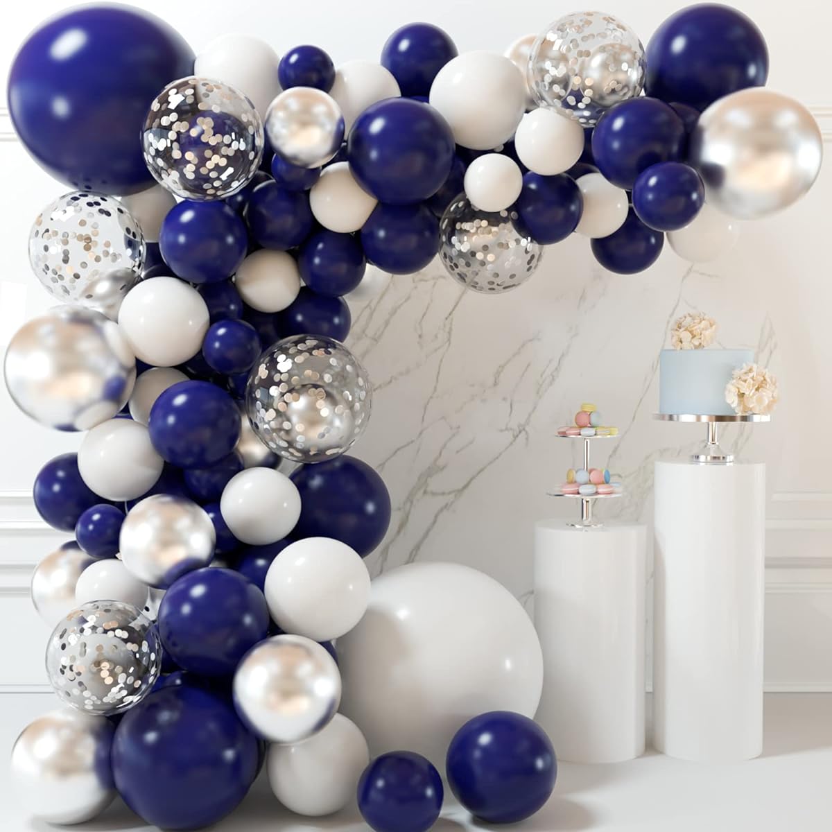 MIAHART 135 Pieces Navy Blue Silver Balloon Garland Arch Kit 5 10 12 18 Inch Royal Blue Silver Confetti White Balloons Birthday Graduation Party Decorations