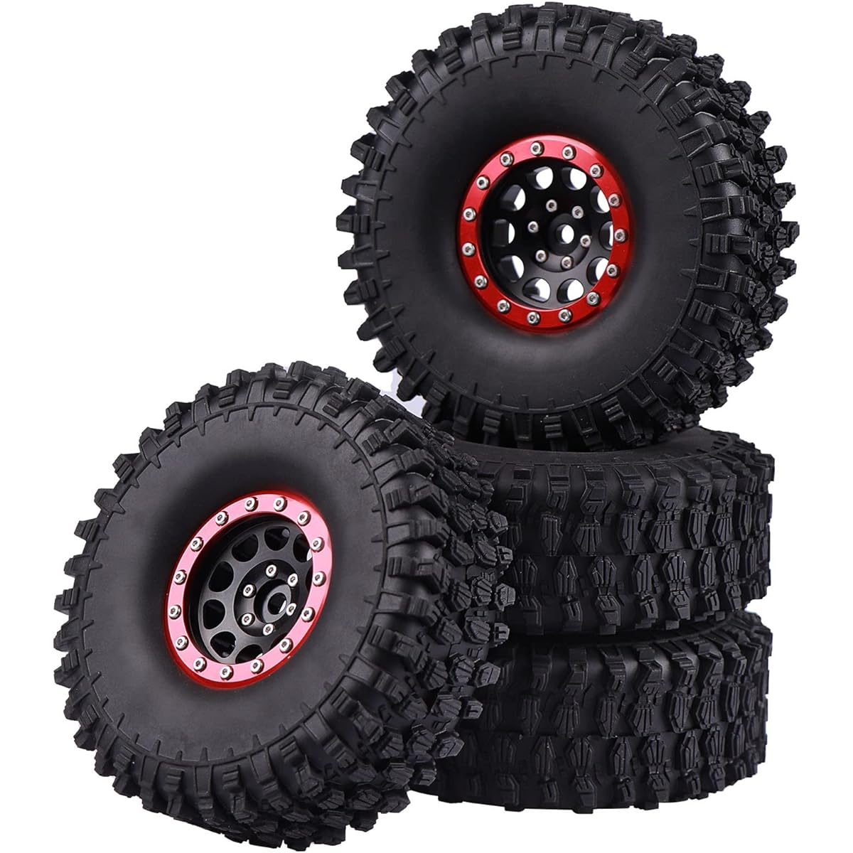 AIMROCK 1.9" Heavy Duty RC Beadlock Wheel Rims Rock Crawling Tires 4.7" Tall for 1/10 SCX10 TRX4 Gen7 Crawler Truck (Red)