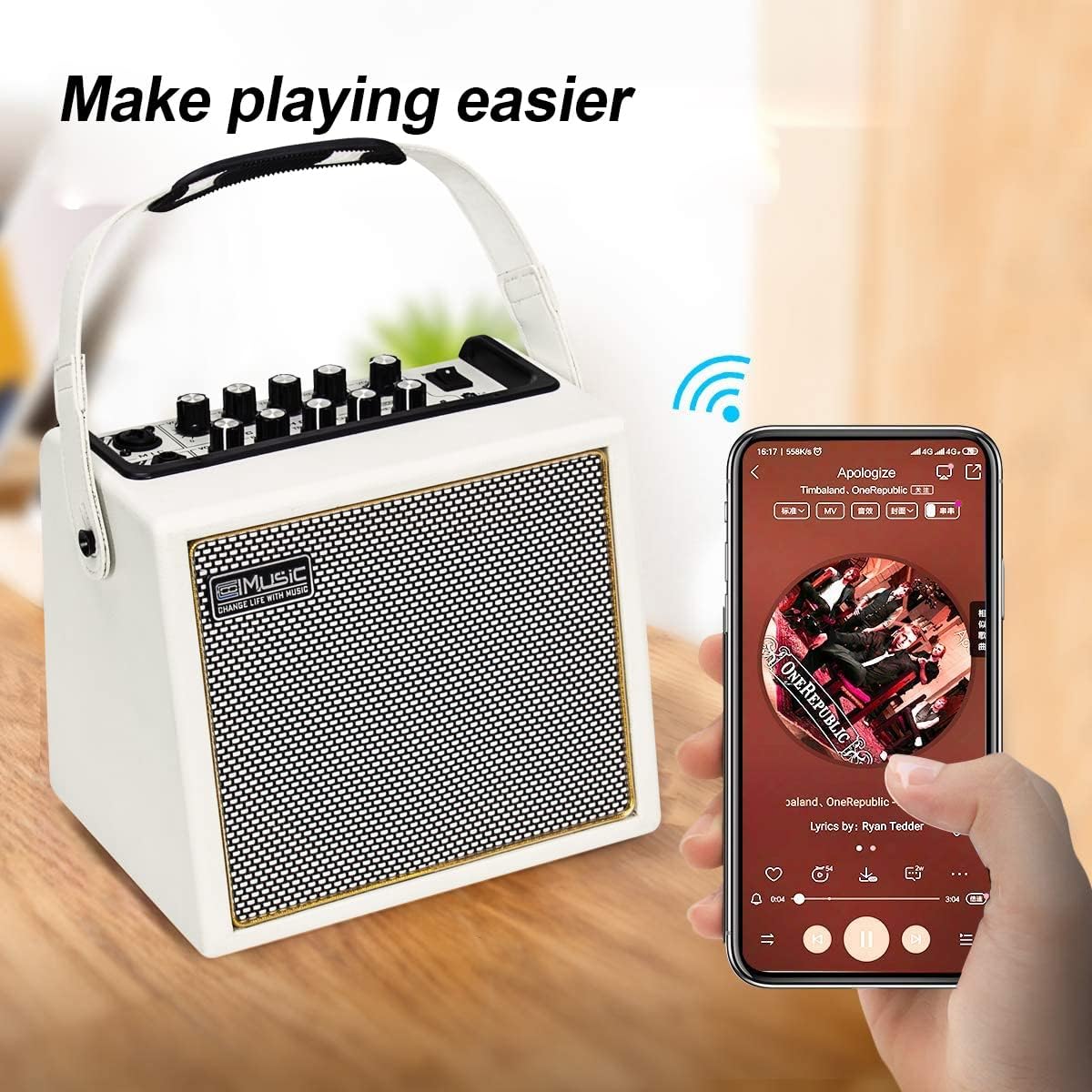 Coolmusic BP MINI Acoustic Guitar Amplifier, 30 Watts BT Speaker Rechargeable Portable Amplifier with Mic Input Supports Volume Bass Treble Control Reverb Chorus Effect (White)
