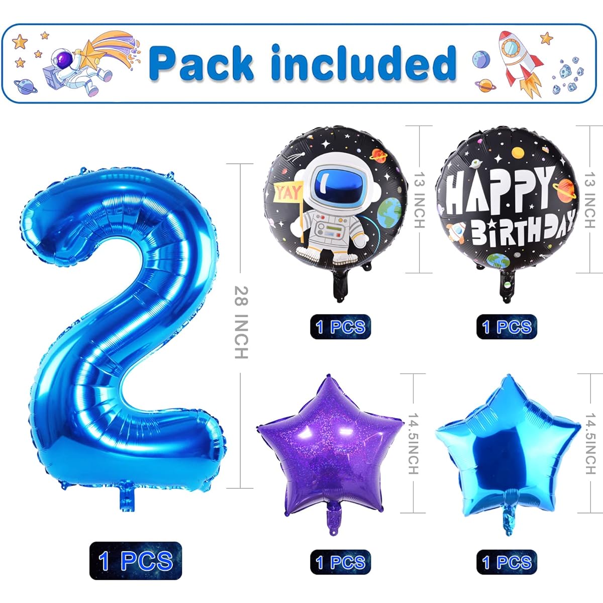 Beyton Space Theme Birthday Party Decorations Astronaut Astronaut Foil Balloons 2th Outer Space Birthday Party Supplies (Blue-2th)