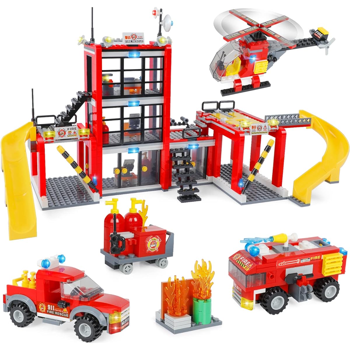 City Fire Station Building Kit, Fun Firefighter Toy Construction Set for Kids, Toy Fire Truck Helicopter, Best Learning Educational Role Play STEM Toys, Gifts for Boys and Girls, Ages 6-12 (896 Pieces)