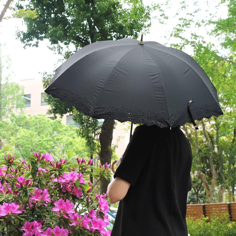 [Nouvel Japonais] Nouvel Japonais Parasol, Long Umbrella, For Sunny or Rainy Weather, UV Protection, Flower Embroidery, Bamboo Handle