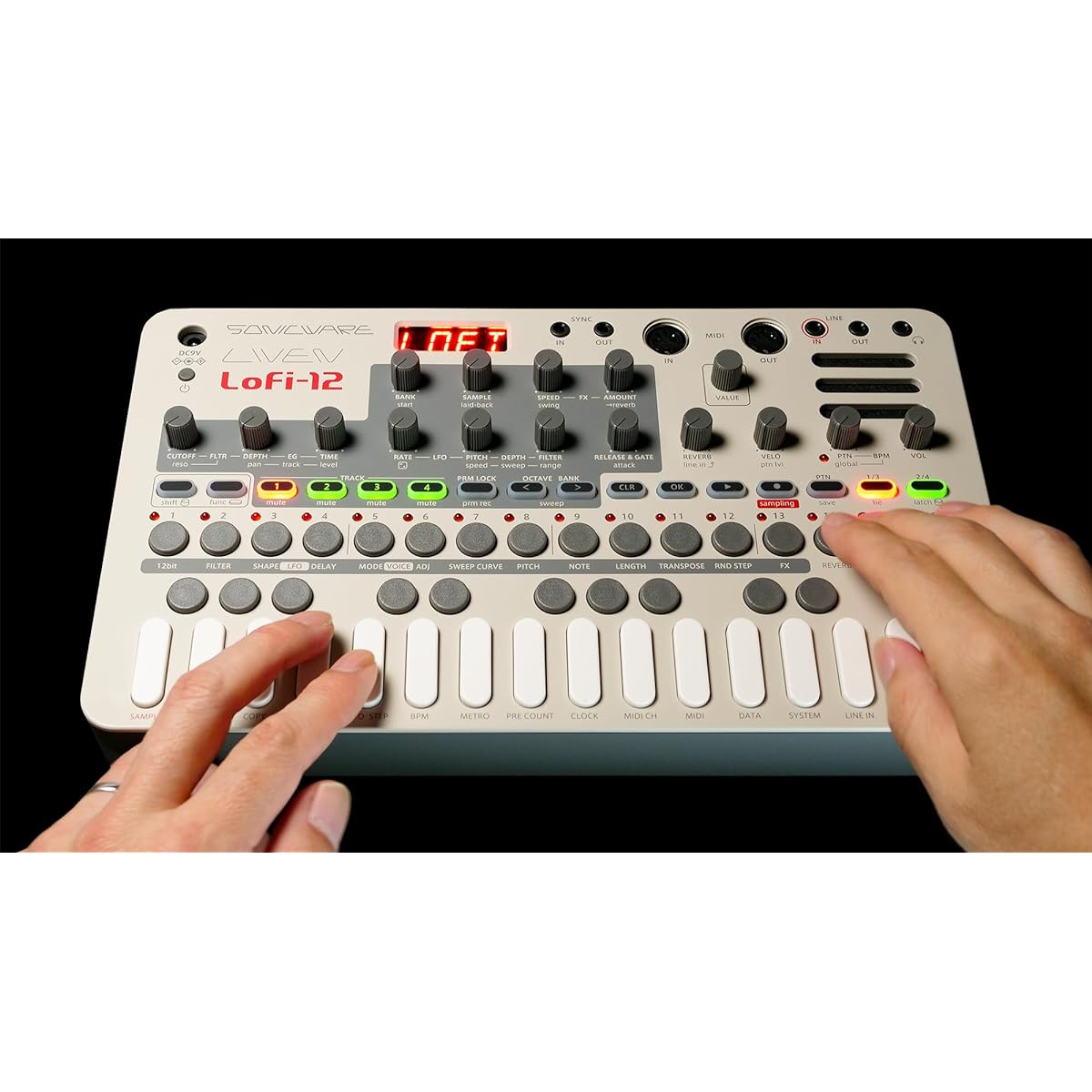 SONICWARE LIVEN Lofi-12 [Lo-fi sampling groove box] Retro sampler - 12-bit sampler mode, 4-track step sequencer, 10 voices, 11 track effects + 9 master effects, battery powered, built-in speaker