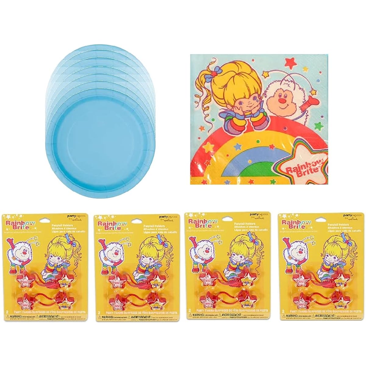 Rainbow Brite birthday party supplies bundle includes plates, napkins and ponytails.