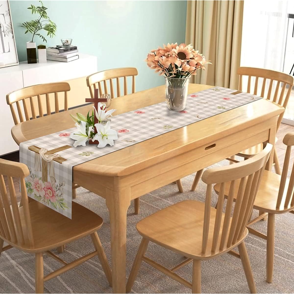 Nepnuser He is Risen Buffalo Check Table Runner 72" Long Easter Christian Cross Spring Flowers Holiday Decorations Floral Home Kitchen Dining Room Decor