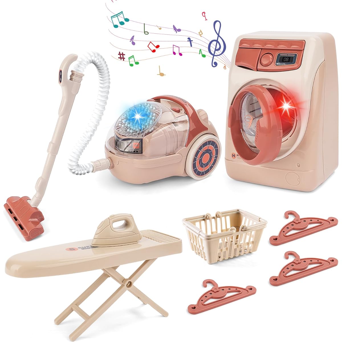 deAO Toy Washing Machine & Vacuum Cleaner Playset for Kids Mini Washing Machine Laundry Set Dollhouse Furniture Laundry Room Washing Machine and Iron Set Kids Cleaning Set for Boys & Girls
