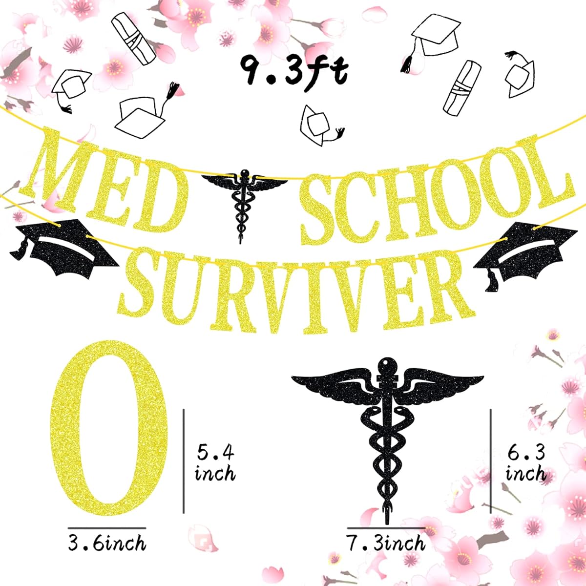 MED School Survivor Banner, Congratulations Doctor Cake Decorations, 2023 Medical Graduation Party Decorations Supplies, Gold Glitter