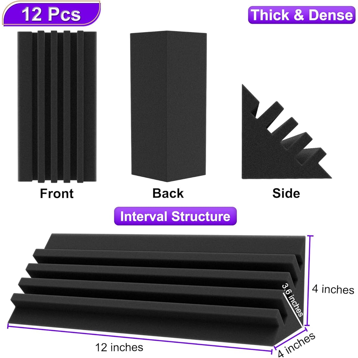 TroyStudio Interval Bass Trap - 4 x 4 x 12 Inch 12 Pieces Dense Studio Acoustic Foam Acoustic Bass Corner Reduces Reverb Echo Acoustic Treatment Sound Foam for Home/Office/Recording Studio