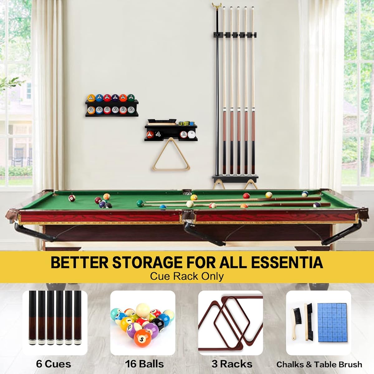 GOOX Pool Stick Holder Wall Mount Billiard Pool Cue Holder Only 100% Wooden Pool Cue Rack Wall Mount for 6 Pool Sticks and Billiard Accessories Pool Stick Rack Set Pool Table Accessories Organizer