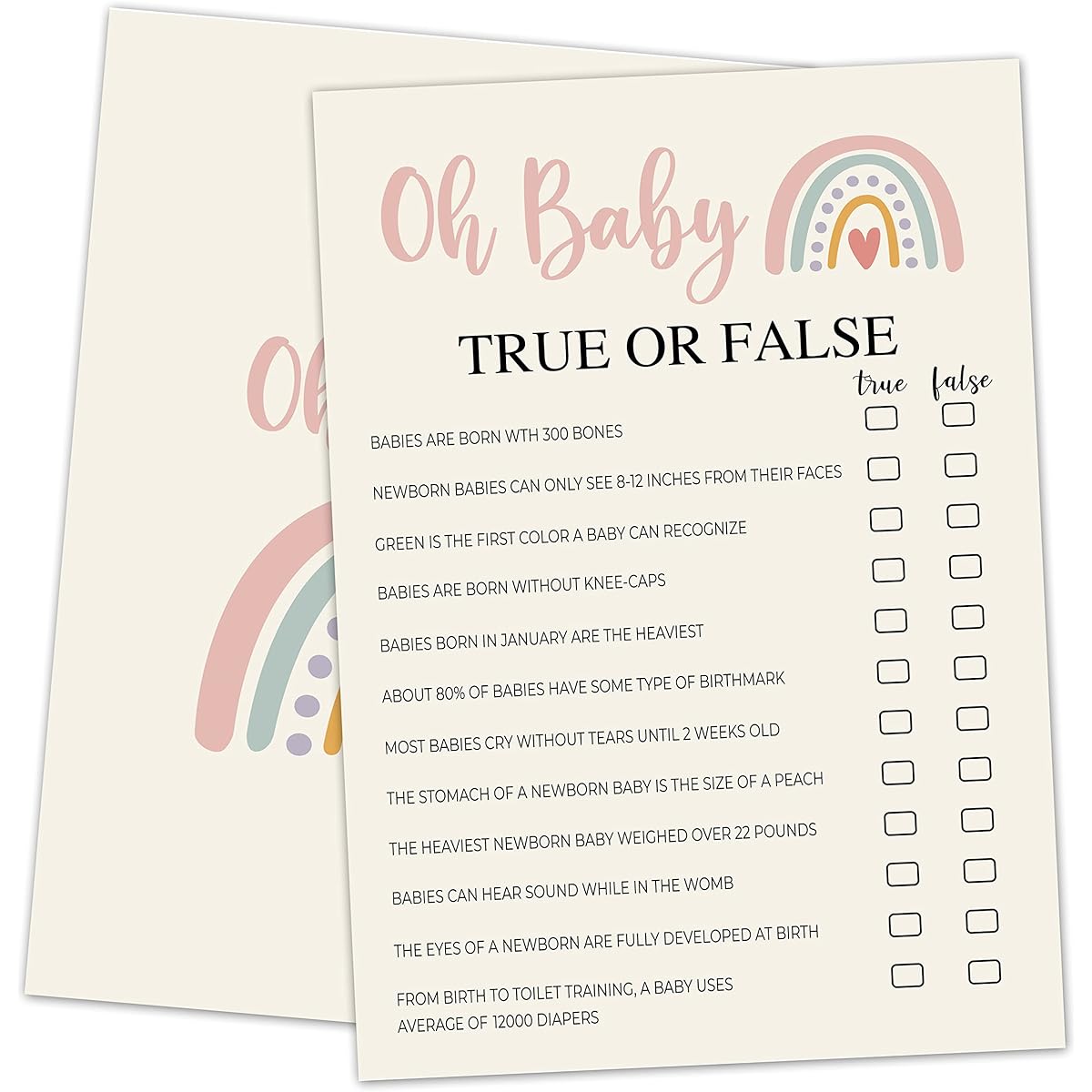 BBYXC-a004 5 x 7 inch Boho Rainbow Baby Shower Game - Oh Baby True or False Game - Includes 1 Answer Card - Gender Reveal Party Supplies