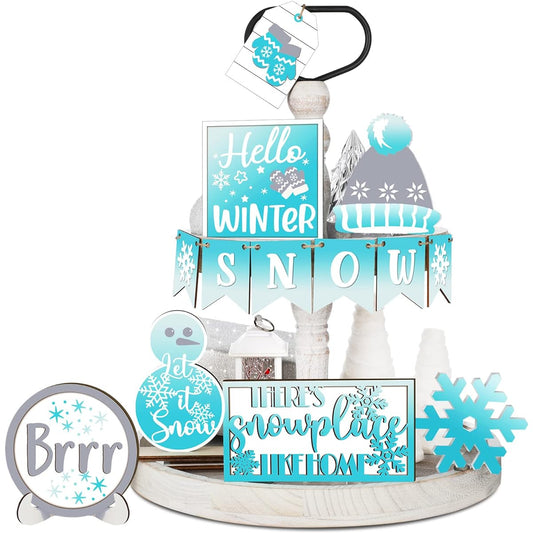 12 Pieces Christmas Tiered Tray Decoration Winter Table Wooden Sign Decoration Christmas Tabletop Farmhouse Coffee Sign Ginger Man Snowman Santa Decoration Christmas Party Home Kitchen Holiday (Snowman)
