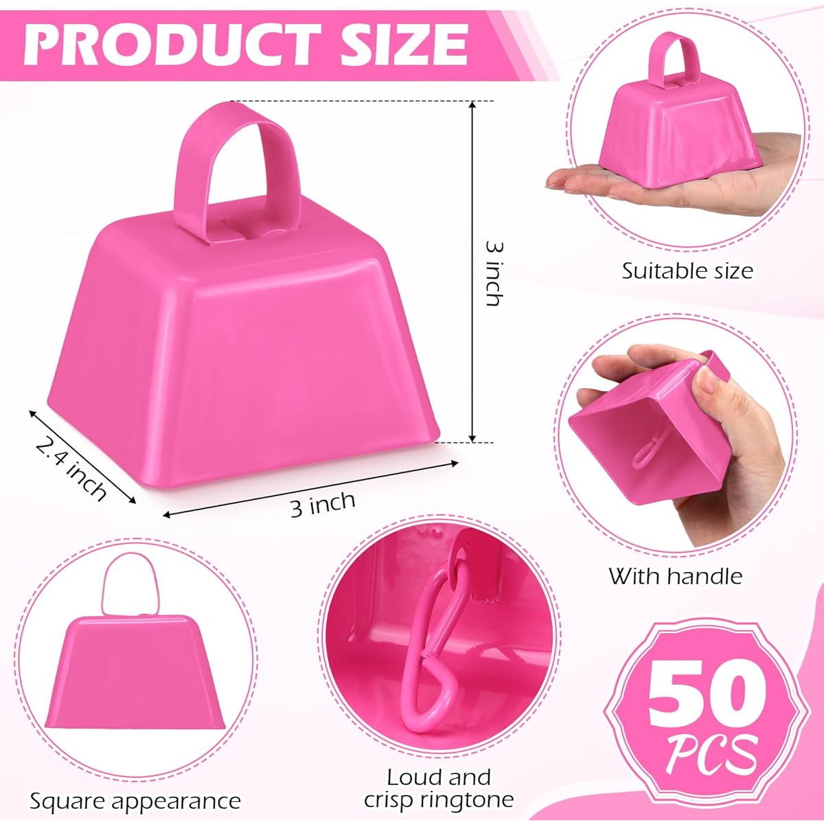Lukmaa 50 Pack Metal Cowbell Bulk 3 x 2.4 x 3 Inch with Handle Novelty Noise Maker Sports Event Cheer Team Spirit Wedding Graduation Baseball Football Game Party (Pink)