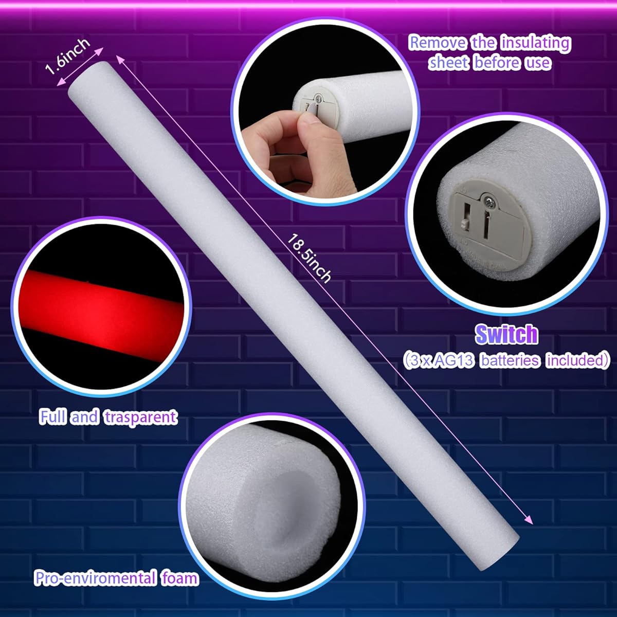 30pcs LED Glow Foam Sticks 18.5 Inch Red Light Up Sticks Battery Operated Glow Baton 3 Modes for Wedding Rave Carnival Concert Halloween Birthday Party