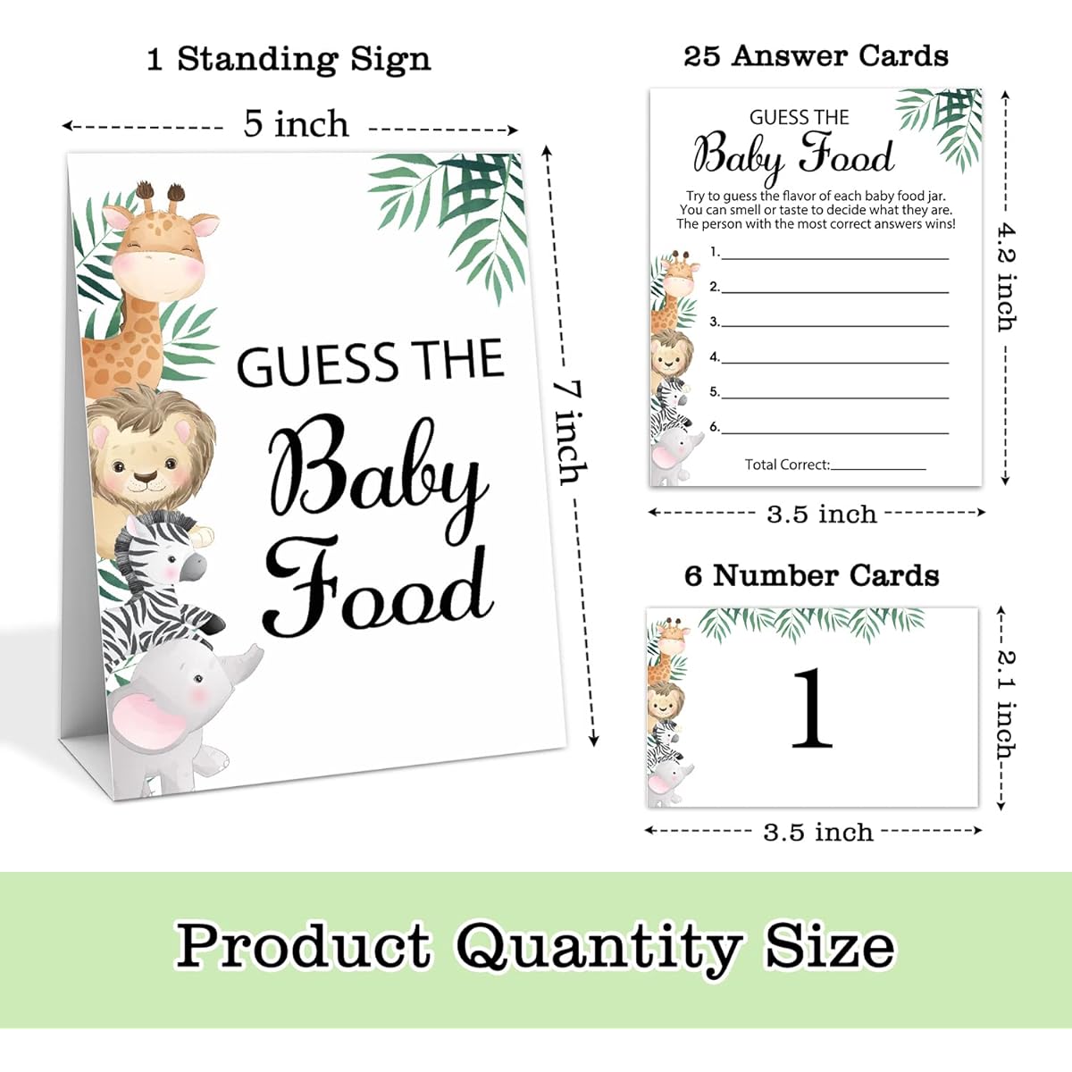 Baby Shower Game Set "Guess the Baby Food" Party Game - 1 Standing Sign & 25 Answer Cards & 6 Number Cards Jungle Animals Baby Shower Party Decorations Supplies Name of Baby Food Game swb015